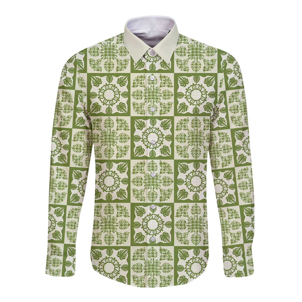 Omaomao Palaka Quilt Hawaii Long Sleeve Button Shirt Hawaiian Tropical Monstera Sea Turtle