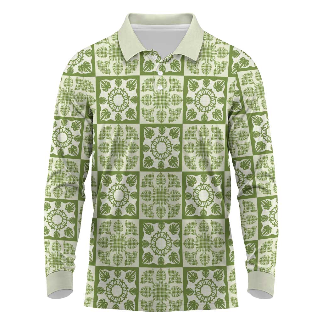 Omaomao Palaka Quilt Hawaii Long Sleeve Polo Shirt Hawaiian Tropical Monstera Sea Turtle LT14 Green - Polynesian Pride