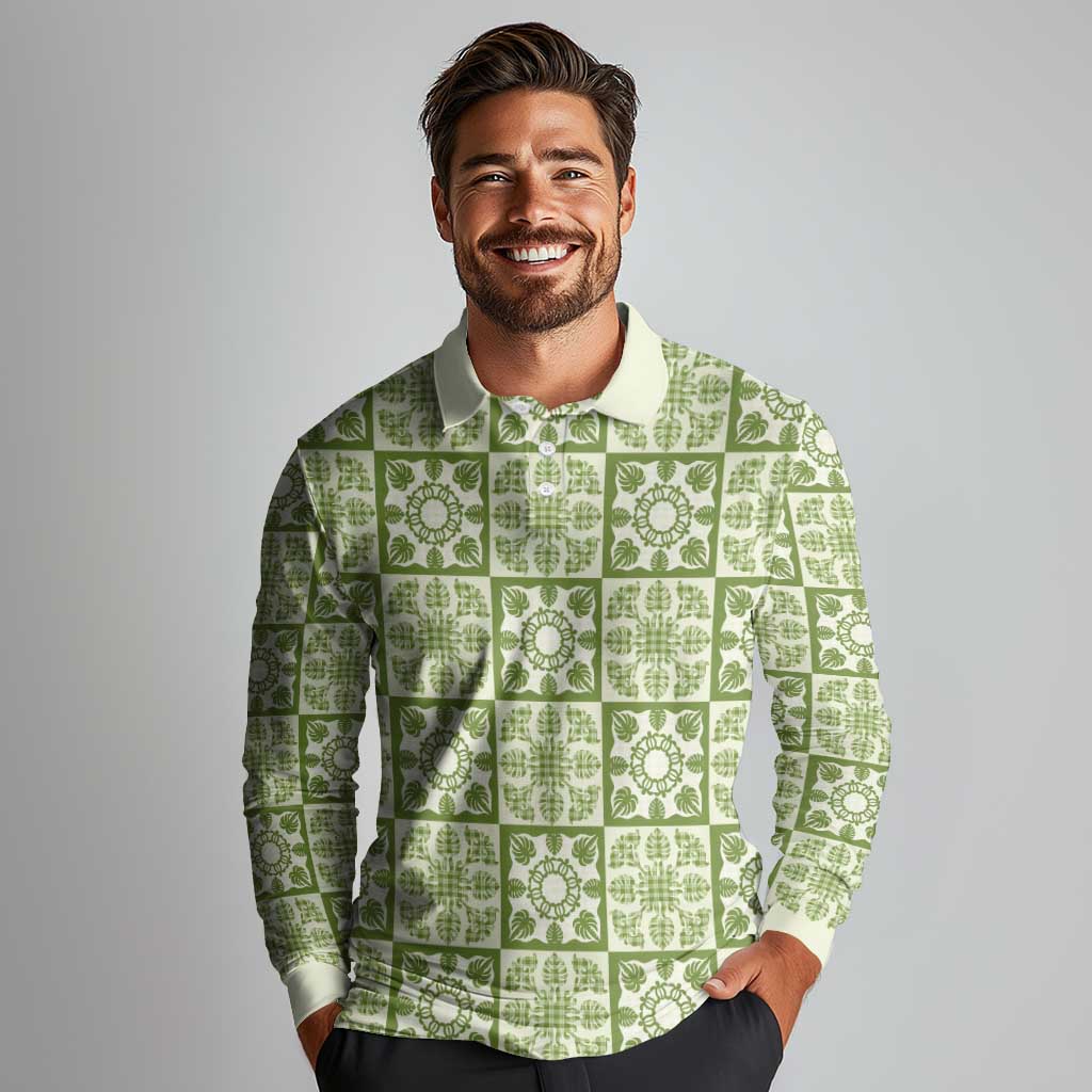 Omaomao Palaka Quilt Hawaii Long Sleeve Polo Shirt Hawaiian Tropical Monstera Sea Turtle LT14 - Polynesian Pride