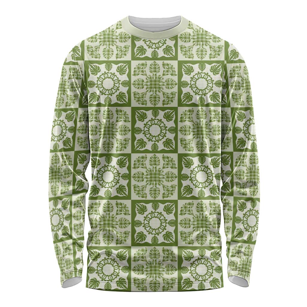 Omaomao Palaka Quilt Hawaii Long Sleeve Shirt Hawaiian Tropical Monstera Sea Turtle LT14 Unisex Green - Polynesian Pride