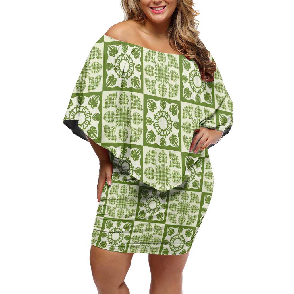 Omaomao Palaka Quilt Hawaii Off Shoulder Short Dress Hawaiian Tropical Monstera Sea Turtle LT14 Women Green - Polynesian Pride