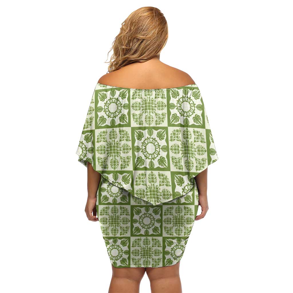 Omaomao Palaka Quilt Hawaii Off Shoulder Short Dress Hawaiian Tropical Monstera Sea Turtle LT14 - Polynesian Pride