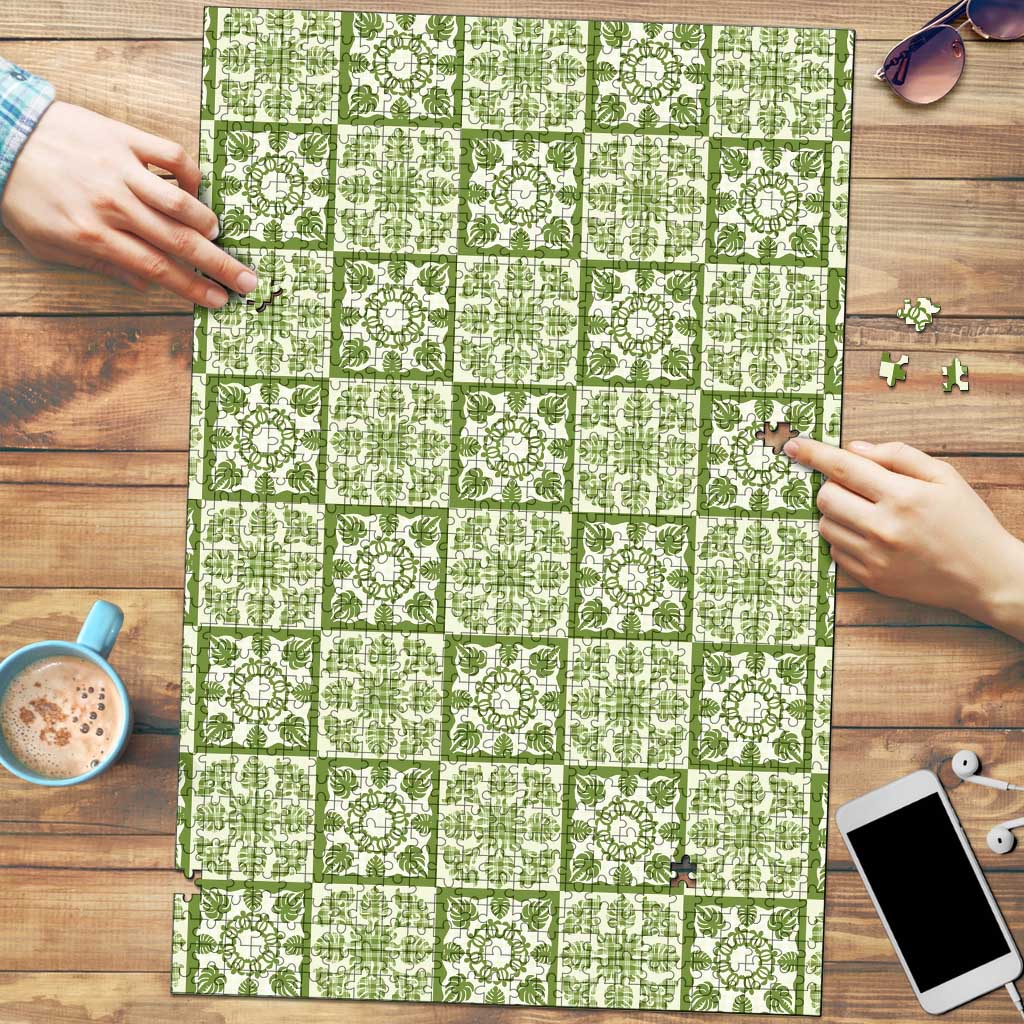 Omaomao Palaka Quilt Hawaii Puzzle Hawaiian Tropical Monstera Sea Turtle LT14 Green - Polynesian Pride