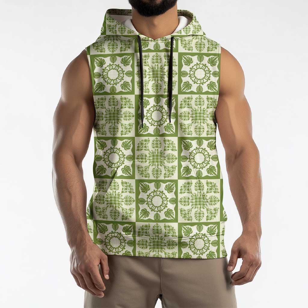 Omaomao Palaka Quilt Hawaii Sleeveless Hoodie Hawaiian Tropical Monstera Sea Turtle