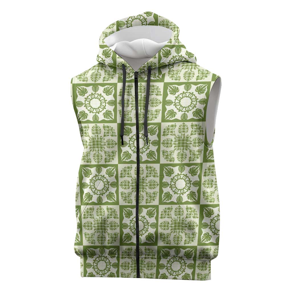 Omaomao Palaka Quilt Hawaii Sleeveless Zip Hoodie Hawaiian Tropical Monstera Sea Turtle