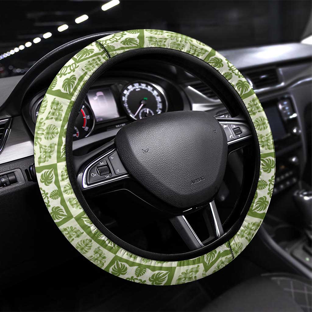 Omaomao Palaka Quilt Hawaii Steering Wheel Cover Hawaiian Tropical Monstera Sea Turtle LT14 Universal Fit Green - Polynesian Pride