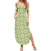 Omaomao Palaka Quilt Hawaii Summer Maxi Dress Hawaiian Tropical Monstera Sea Turtle LT14 Women Green - Polynesian Pride