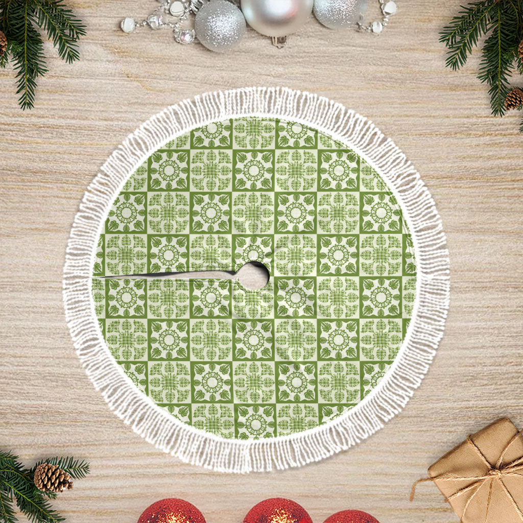 Omaomao Palaka Quilt Hawaii Tree Skirt Hawaiian Tropical Monstera Sea Turtle LT14 Fringed Green - Polynesian Pride