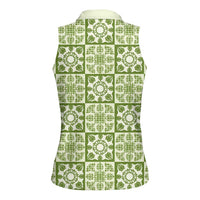 Omaomao Palaka Quilt Hawaii Women Sleeveless Polo Shirt Hawaiian Tropical Monstera Sea Turtle