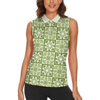 Omaomao Palaka Quilt Hawaii Women Sleeveless Polo Shirt Hawaiian Tropical Monstera Sea Turtle