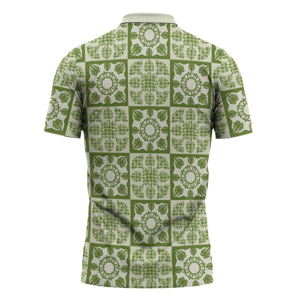 Omaomao Palaka Quilt Hawaii Zipper Polo Shirt Hawaiian Tropical Monstera Sea Turtle