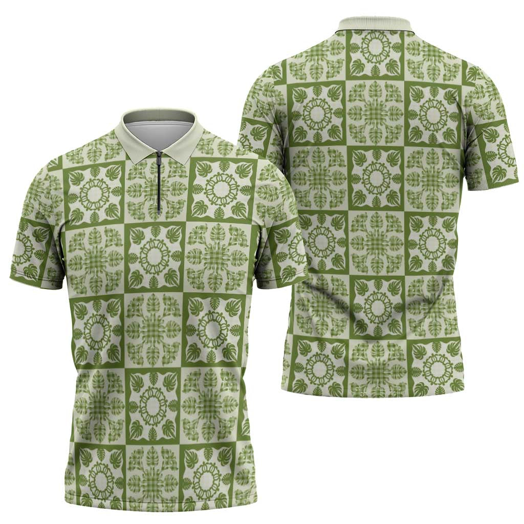 Omaomao Palaka Quilt Hawaii Zipper Polo Shirt Hawaiian Tropical Monstera Sea Turtle