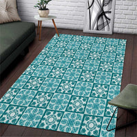 Cyan Palaka Quilt Hawaii Area Rug Hawaiian Tropical Monstera Sea Turtle