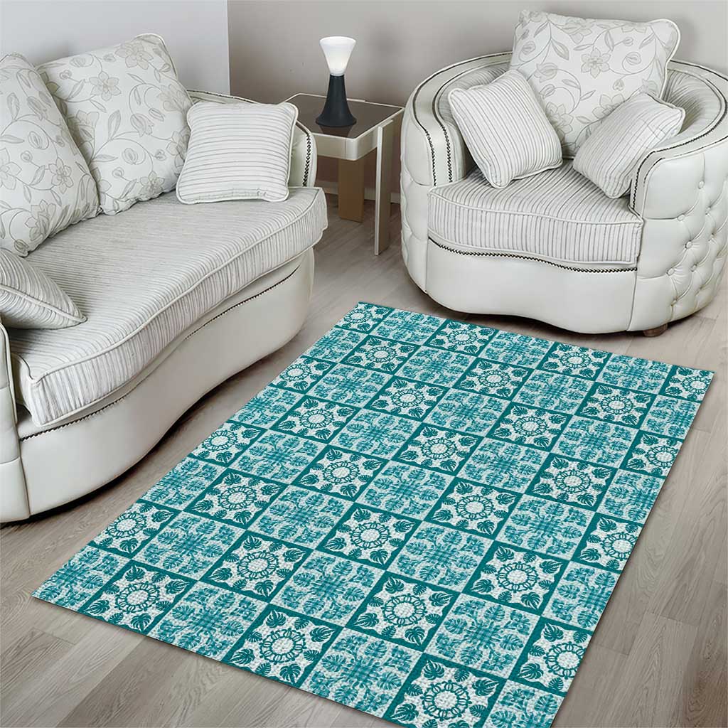 Cyan Palaka Quilt Hawaii Area Rug Hawaiian Tropical Monstera Sea Turtle