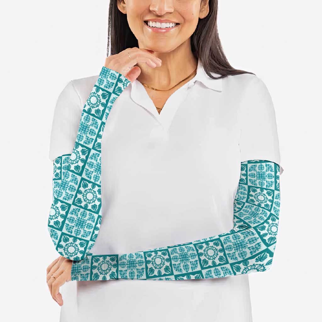 Cyan Palaka Quilt Hawaii Arm Sleeves Hawaiian Tropical Monstera Sea Turtle