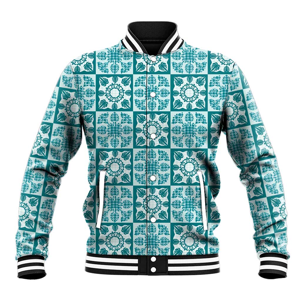 Cyan Palaka Quilt Hawaii Baseball Jacket Hawaiian Tropical Monstera Sea Turtle LT14 Unisex Cyan - Polynesian Pride