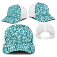 Cyan Palaka Quilt Hawaii Baseball Net Cap Hawaiian Tropical Monstera Sea Turtle