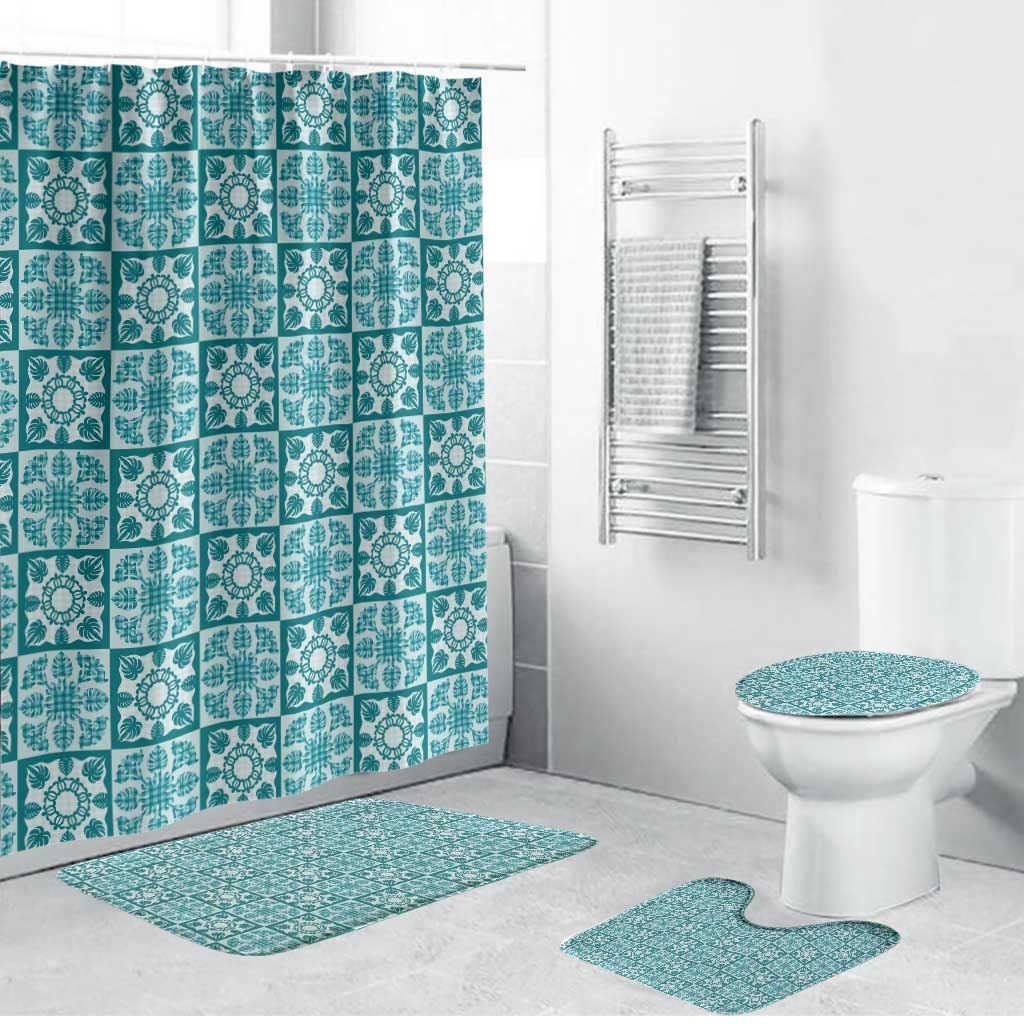 Cyan Palaka Quilt Hawaii Bathroom Set Hawaiian Tropical Monstera Sea Turtle LT14 Bathroom Set (4 pcs) Cyan - Polynesian Pride
