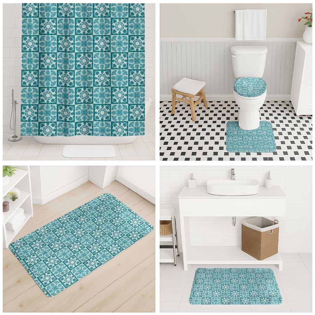 Cyan Palaka Quilt Hawaii Bathroom Set Hawaiian Tropical Monstera Sea Turtle LT14 - Polynesian Pride