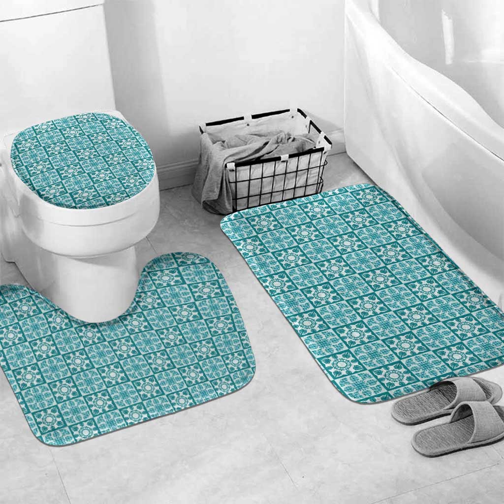 Cyan Palaka Quilt Hawaii Bathroom Set Hawaiian Tropical Monstera Sea Turtle LT14 Mat Set Only (3 pcs) One Size Cyan - Polynesian Pride