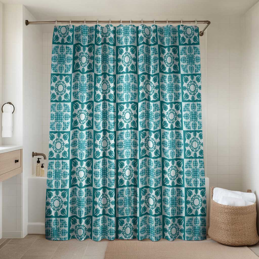 Cyan Palaka Quilt Hawaii Bathroom Set Hawaiian Tropical Monstera Sea Turtle LT14 Shower Curtain Only Cyan - Polynesian Pride
