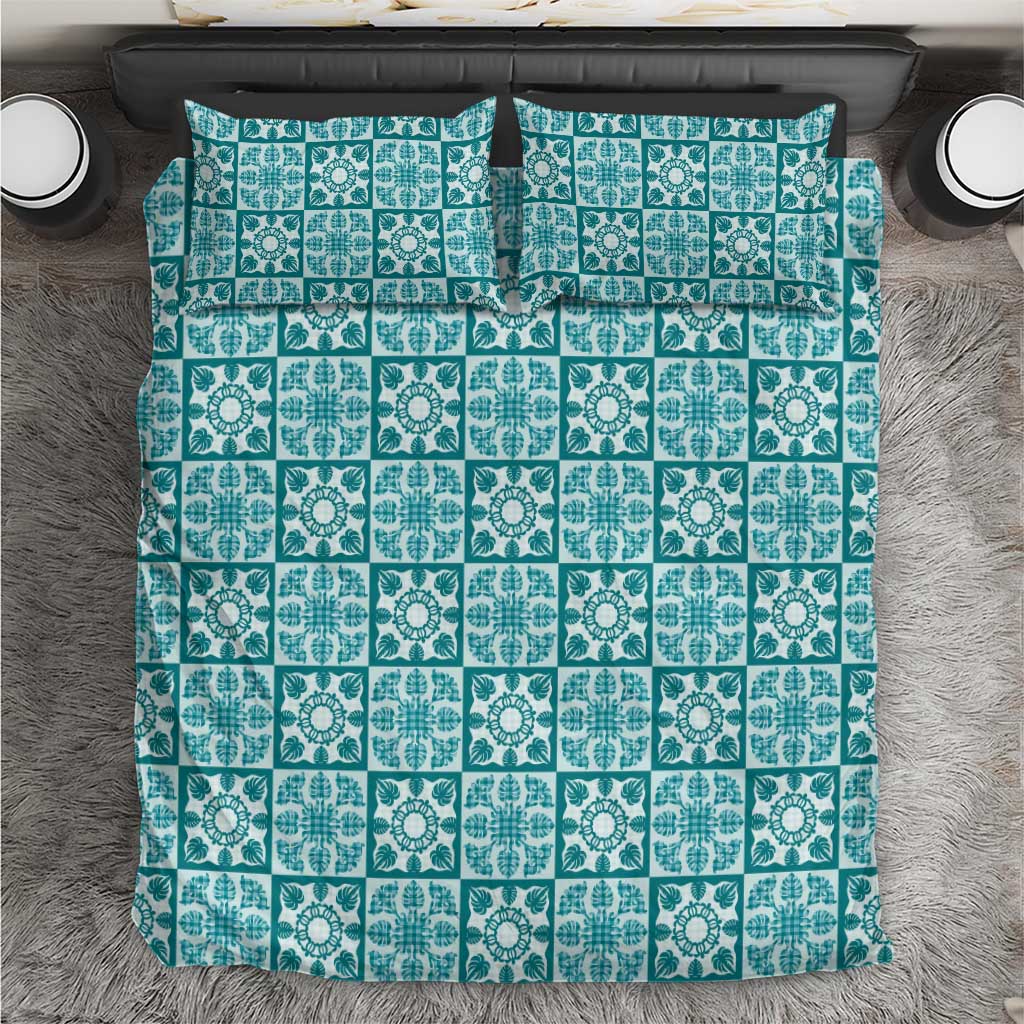 Cyan Palaka Quilt Hawaii Bedding Set Hawaiian Tropical Monstera Sea Turtle