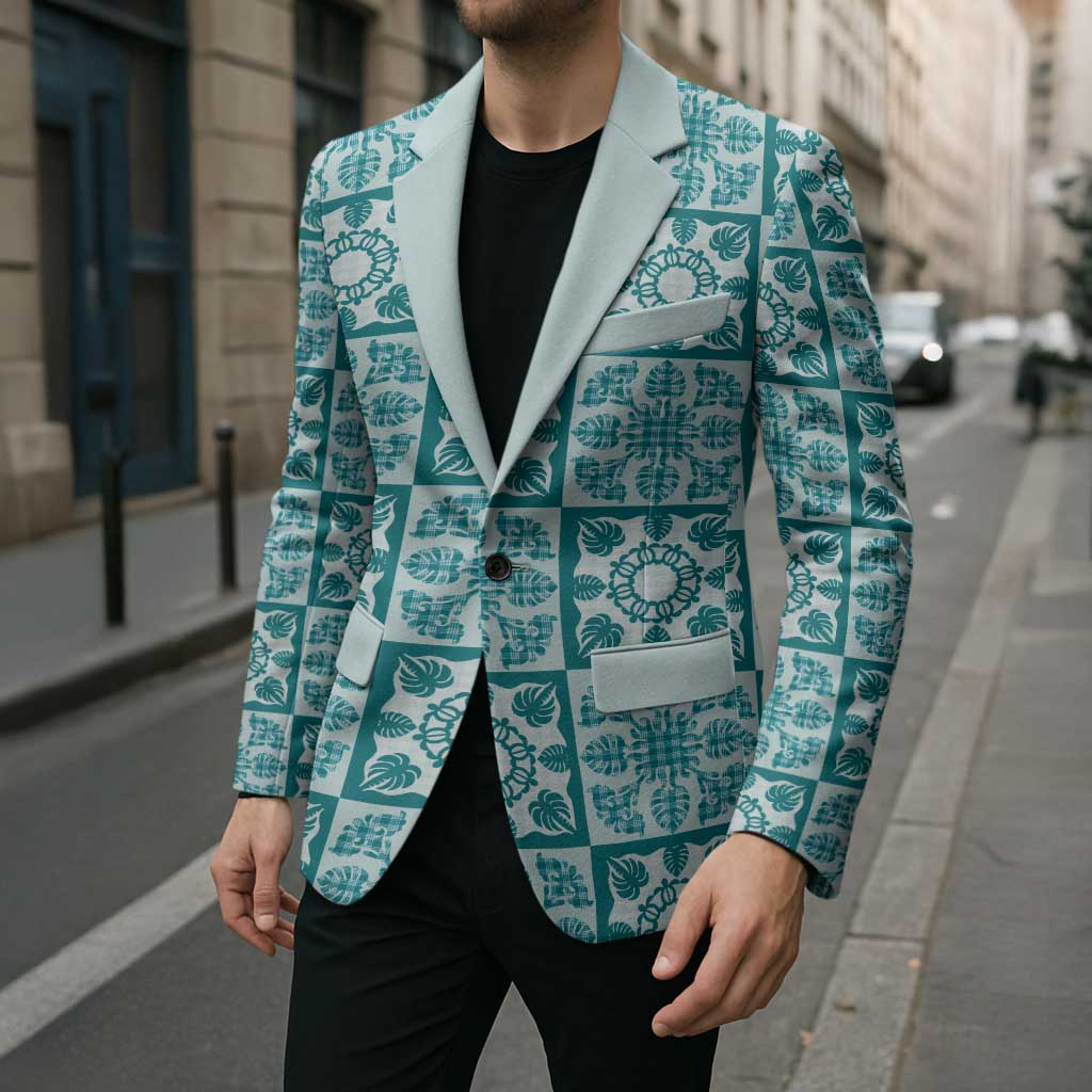 Cyan Palaka Quilt Hawaii Blazer Hawaiian Tropical Monstera Sea Turtle LT14 - Polynesian Pride