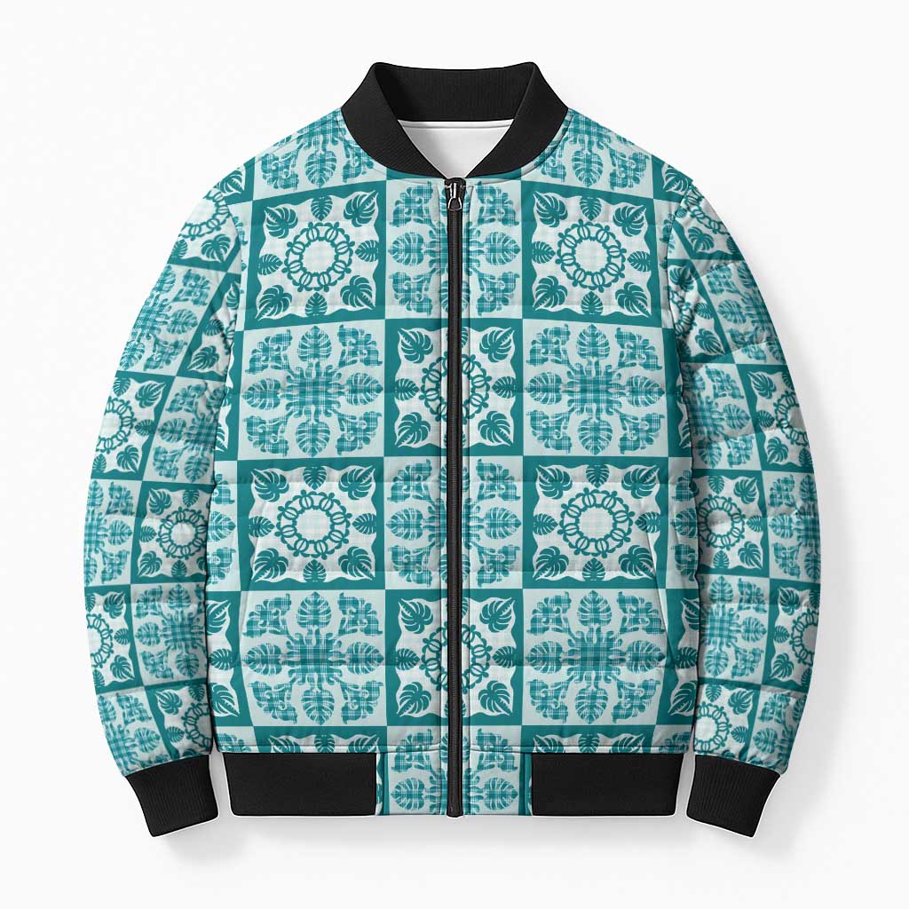 Cyan Palaka Quilt Hawaii Bomber Puffer Jacket Hawaiian Tropical Monstera Sea Turtle