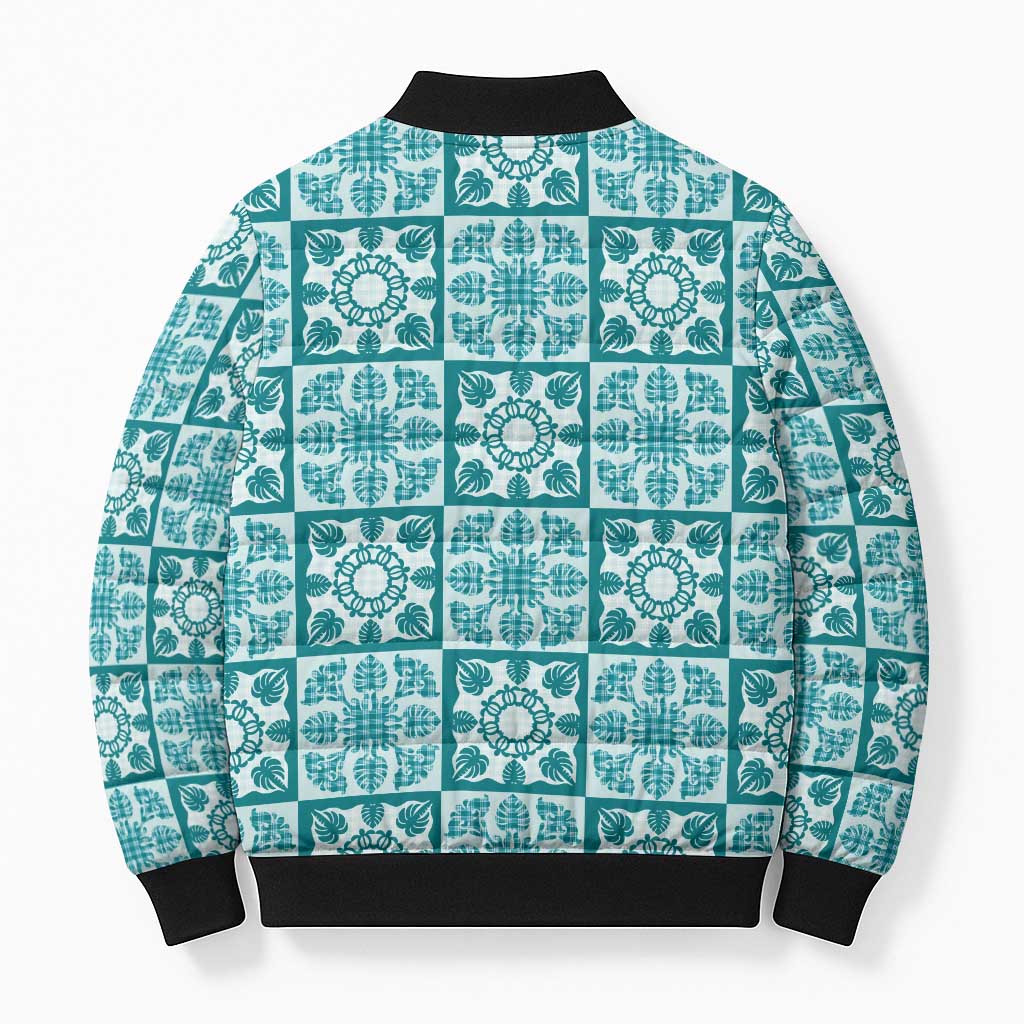 Cyan Palaka Quilt Hawaii Bomber Puffer Jacket Hawaiian Tropical Monstera Sea Turtle
