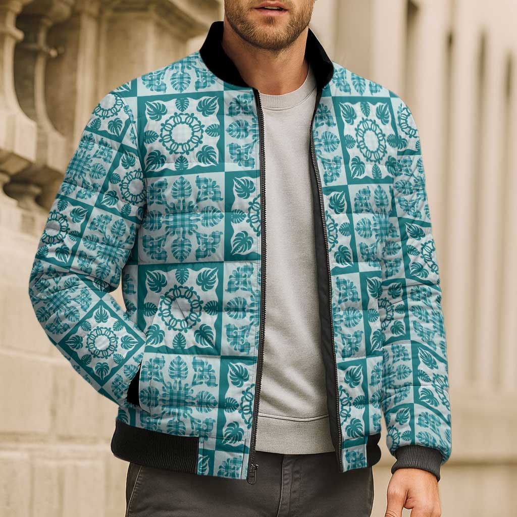 Cyan Palaka Quilt Hawaii Bomber Puffer Jacket Hawaiian Tropical Monstera Sea Turtle