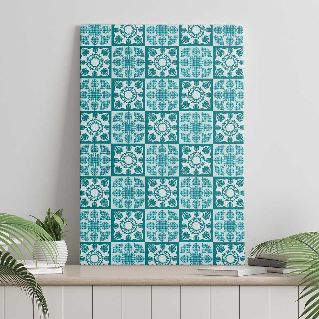 Cyan Palaka Quilt Hawaii Canvas Wall Art Hawaiian Tropical Monstera Sea Turtle