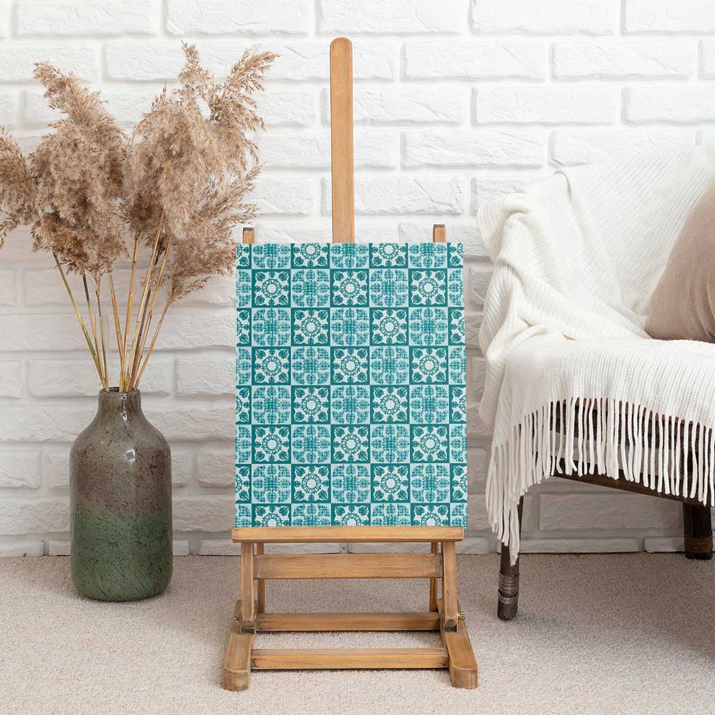 Cyan Palaka Quilt Hawaii Canvas Wall Art Hawaiian Tropical Monstera Sea Turtle
