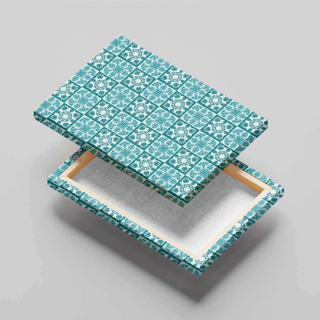 Cyan Palaka Quilt Hawaii Canvas Wall Art Hawaiian Tropical Monstera Sea Turtle