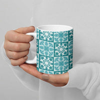 Cyan Palaka Quilt Hawaii Ceramic Mug Hawaiian Tropical Monstera Sea Turtle