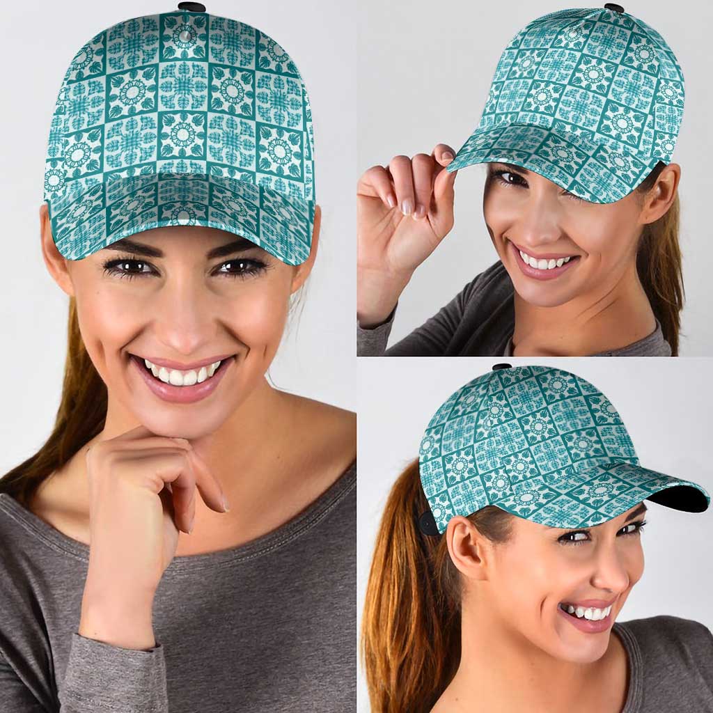 Cyan Palaka Quilt Hawaii Classic Cap Hawaiian Tropical Monstera Sea Turtle LT14 - Polynesian Pride