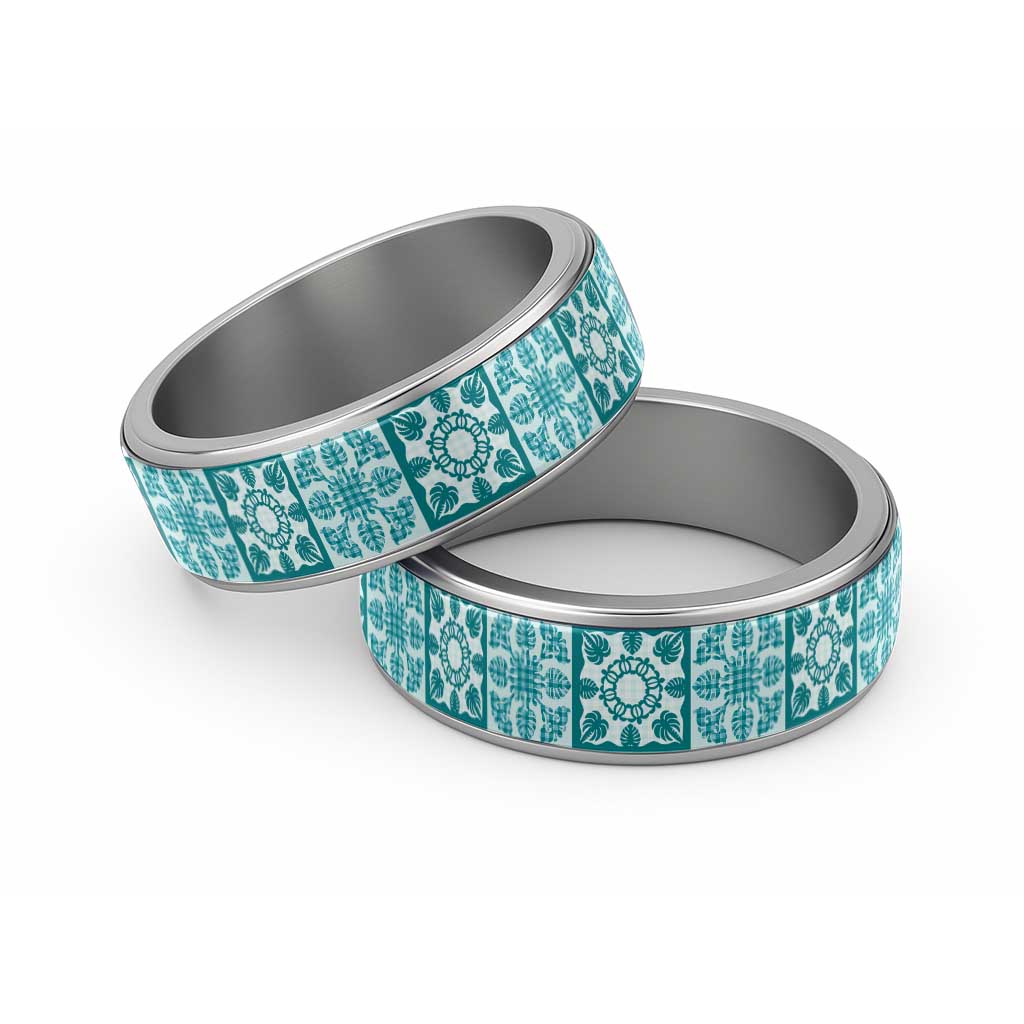Cyan Palaka Quilt Hawaii Classic Ring Hawaiian Tropical Monstera Sea Turtle