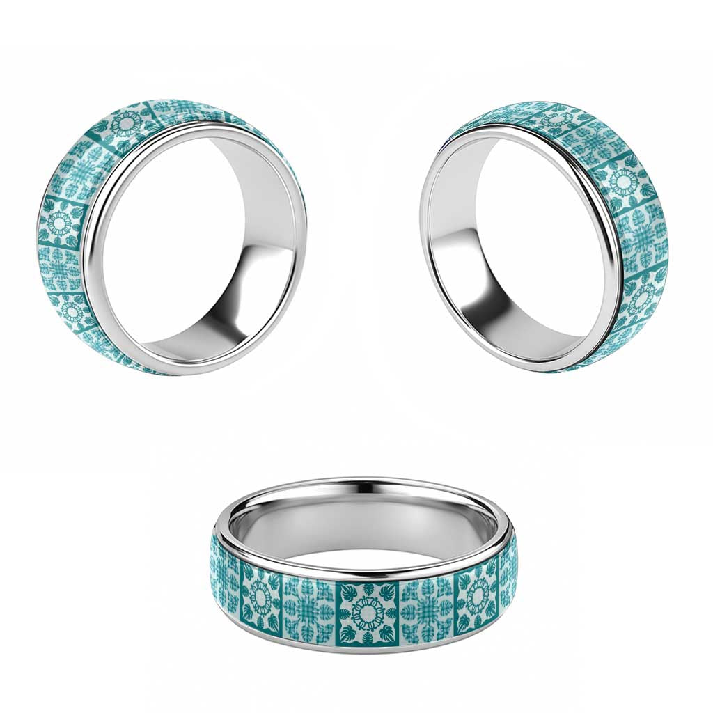 Cyan Palaka Quilt Hawaii Classic Ring Hawaiian Tropical Monstera Sea Turtle
