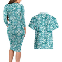 Cyan Palaka Quilt Hawaii Couples Matching Long Sleeve Bodycon Dress and Hawaiian Shirt Hawaiian Tropical Monstera Sea Turtle