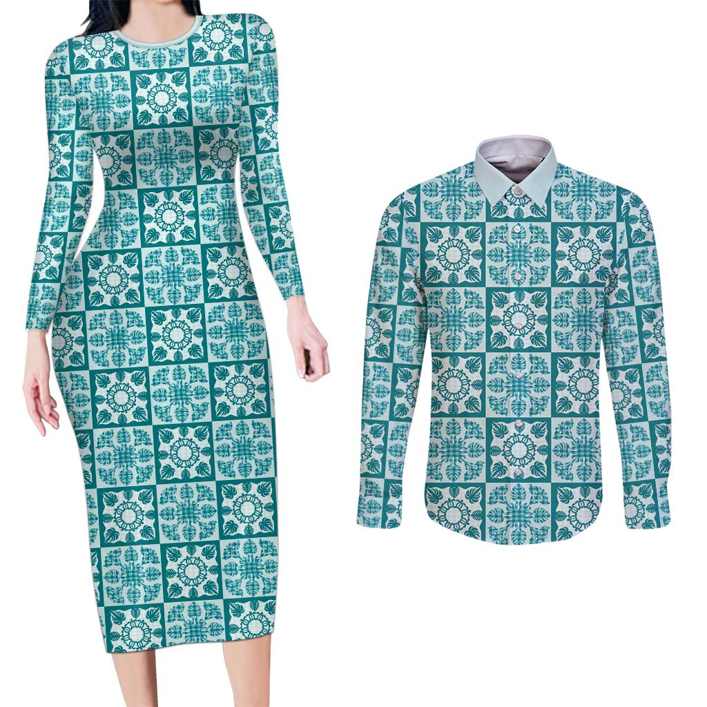 Cyan Palaka Quilt Hawaii Couples Matching Long Sleeve Bodycon Dress and Long Sleeve Button Shirt Hawaiian Tropical Monstera Sea Turtle