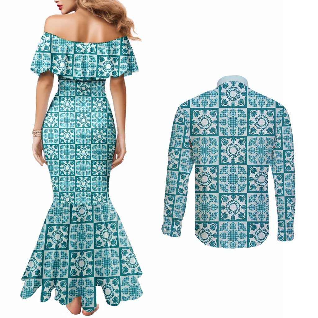 Cyan Palaka Quilt Hawaii Couples Matching Mermaid Dress and Long Sleeve Button Shirt Hawaiian Tropical Monstera Sea Turtle