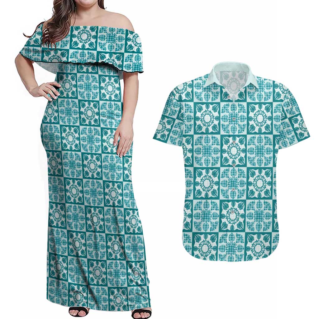 Cyan Palaka Quilt Hawaii Couples Matching Off Shoulder Maxi Dress and Hawaiian Shirt Hawaiian Tropical Monstera Sea Turtle