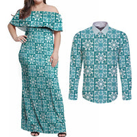 Cyan Palaka Quilt Hawaii Couples Matching Off Shoulder Maxi Dress and Long Sleeve Button Shirt Hawaiian Tropical Monstera Sea Turtle