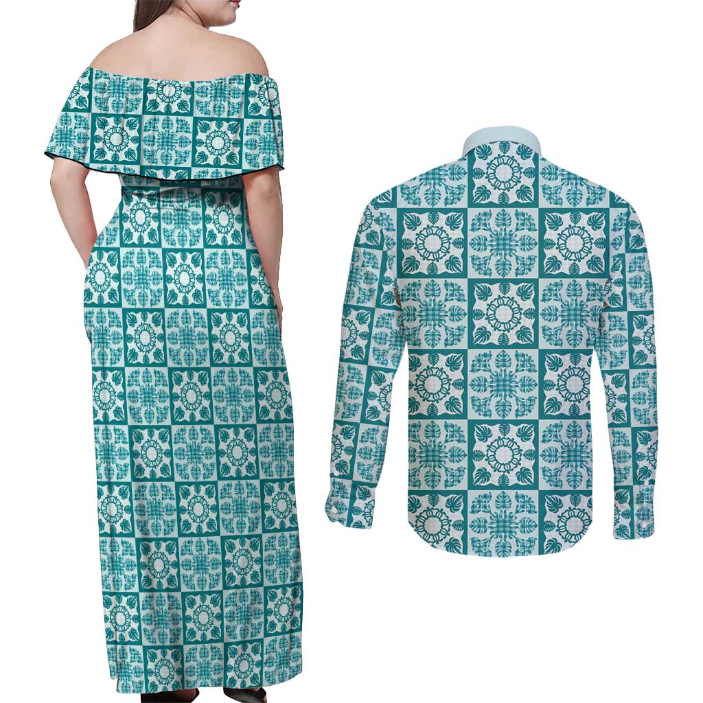 Cyan Palaka Quilt Hawaii Couples Matching Off Shoulder Maxi Dress and Long Sleeve Button Shirt Hawaiian Tropical Monstera Sea Turtle