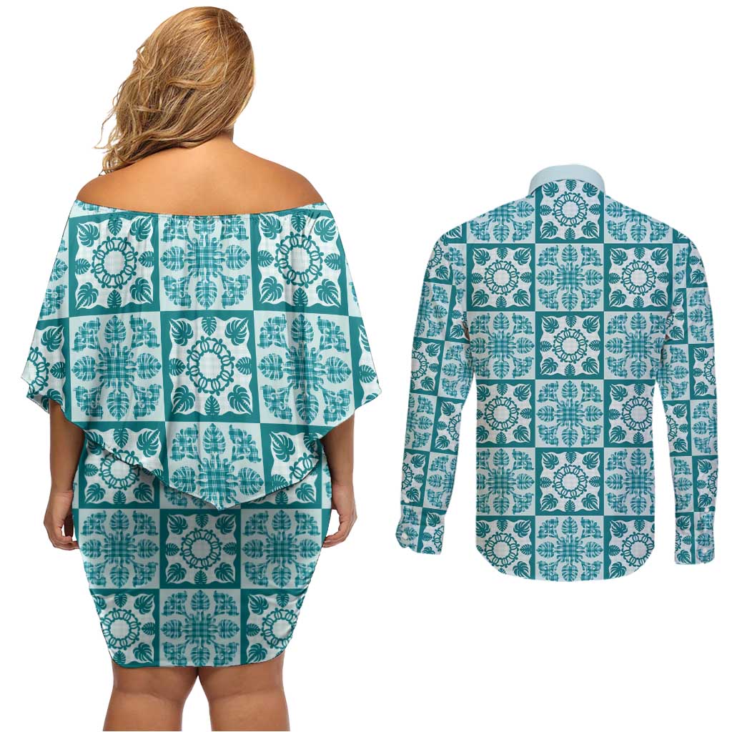 Cyan Palaka Quilt Hawaii Couples Matching Off Shoulder Short Dress and Long Sleeve Button Shirt Hawaiian Tropical Monstera Sea Turtle