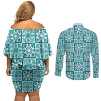 Cyan Palaka Quilt Hawaii Couples Matching Off Shoulder Short Dress and Long Sleeve Button Shirt Hawaiian Tropical Monstera Sea Turtle