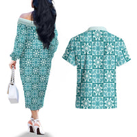 Cyan Palaka Quilt Hawaii Couples Matching Off The Shoulder Long Sleeve Dress and Hawaiian Shirt Hawaiian Tropical Monstera Sea Turtle