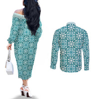 Cyan Palaka Quilt Hawaii Couples Matching Off The Shoulder Long Sleeve Dress and Long Sleeve Button Shirt Hawaiian Tropical Monstera Sea Turtle