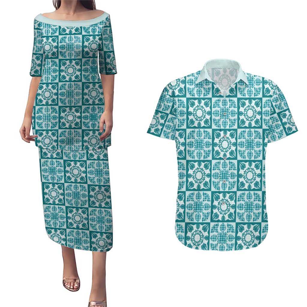 Cyan Palaka Quilt Hawaii Couples Matching Puletasi and Hawaiian Shirt Hawaiian Tropical Monstera Sea Turtle