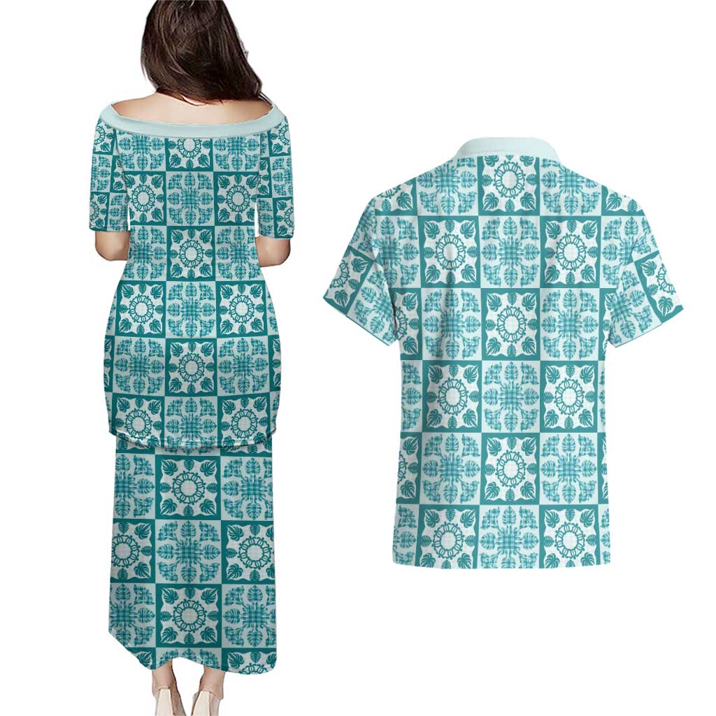 Cyan Palaka Quilt Hawaii Couples Matching Puletasi and Hawaiian Shirt Hawaiian Tropical Monstera Sea Turtle