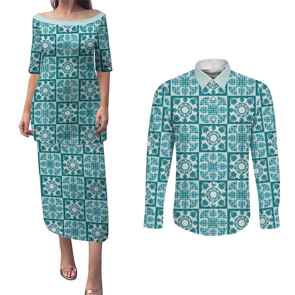 Cyan Palaka Quilt Hawaii Couples Matching Puletasi and Long Sleeve Button Shirt Hawaiian Tropical Monstera Sea Turtle